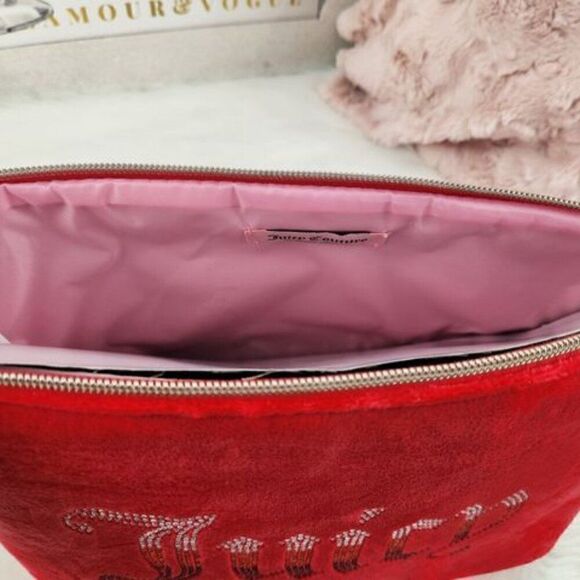 {Juicy Couture} Red Velour Rhinestones Cosmetic Bag Case - Picture 5 of 5